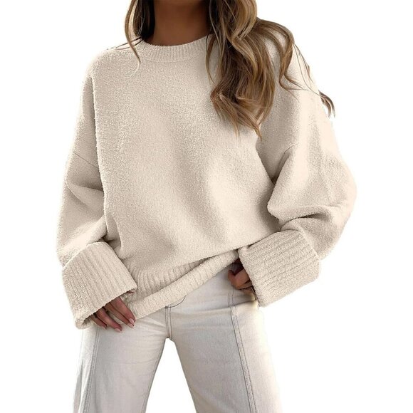 Sweaters - Women's Almond - Parchment Oversized  Long Sleeve Casual  Fuzzy Knit Sweaters